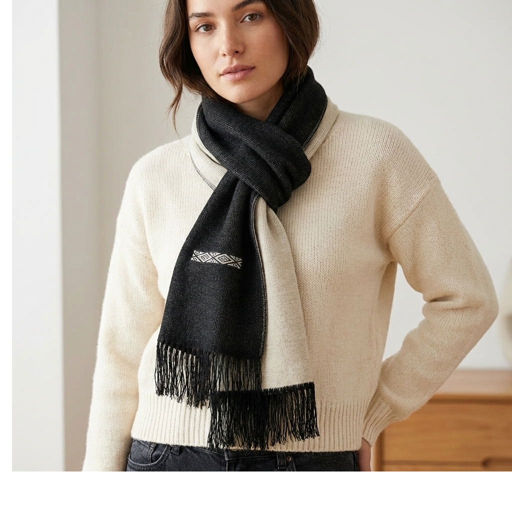 Charcoal-Ivory Reversible Alpaca Scarf with Embroidery