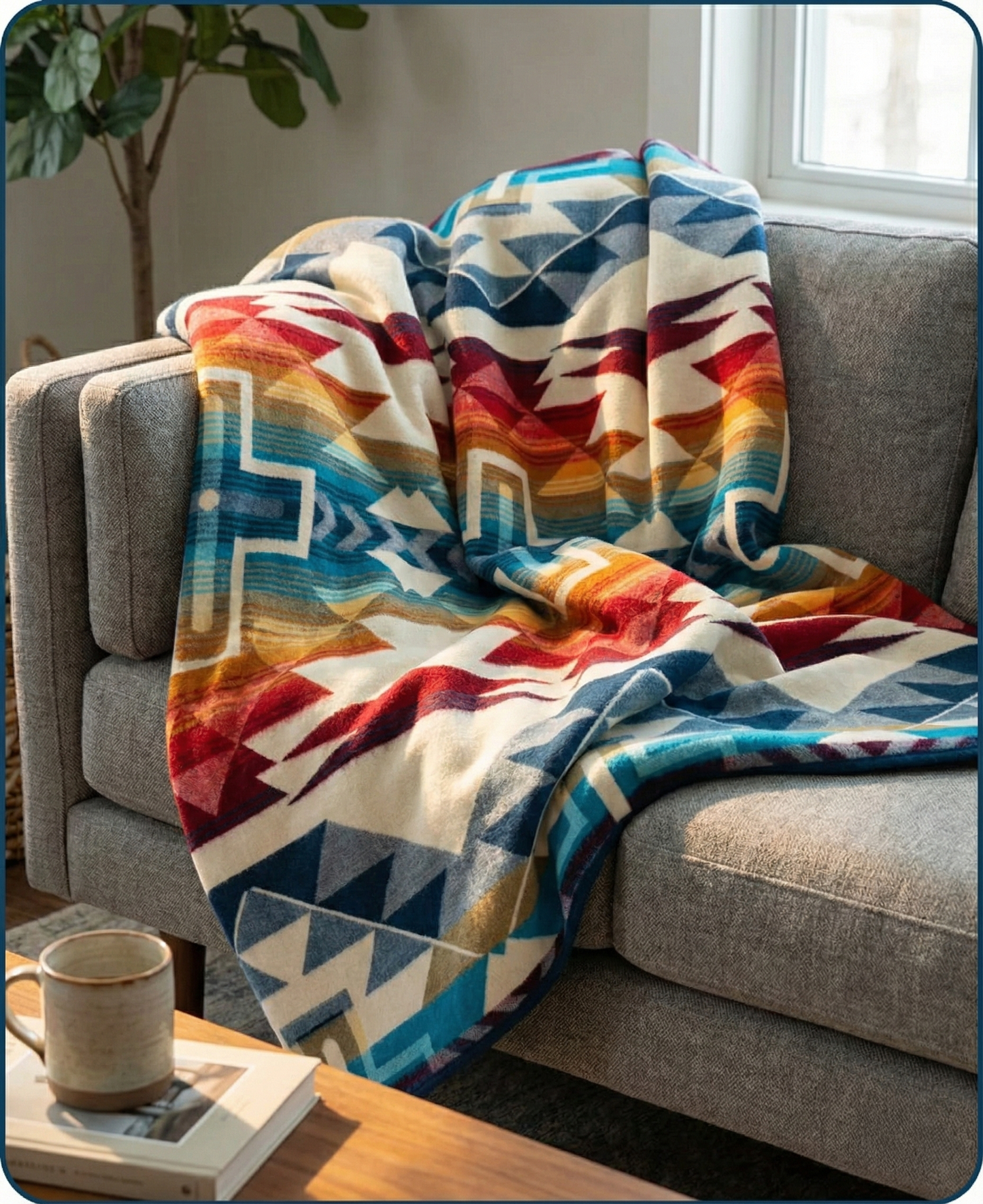Colorful patterned alpaca blanket draped over a gray sofa with a cup and book on a table.