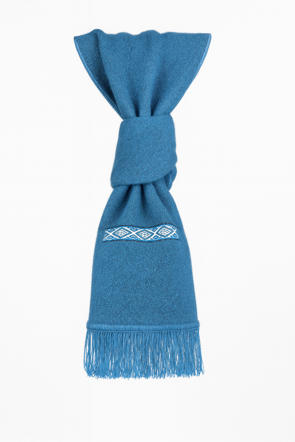 Ocean Blue–Ivory Alpaca Scarf with Embroidery