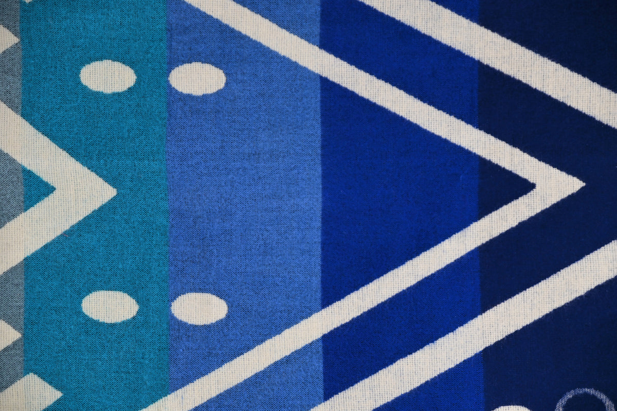 Blue and turquoise geometric pattern and woven texture of the Aztec Blue alpaca blanket