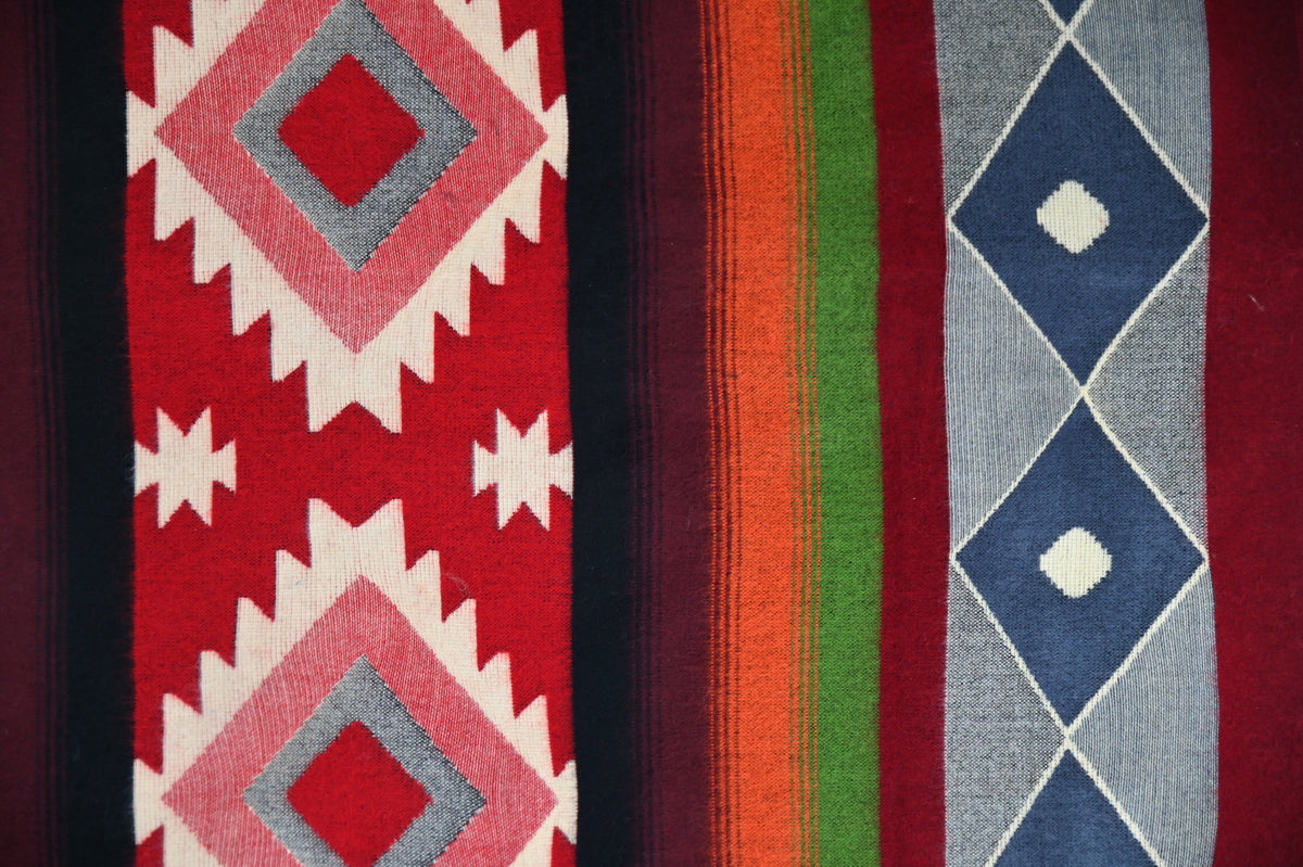 Full geometric pattern of the Aztec Red alpaca blanket in red, orange, green and blue