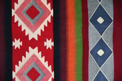 Full geometric pattern of the Aztec Red alpaca blanket in red, orange, green and blue