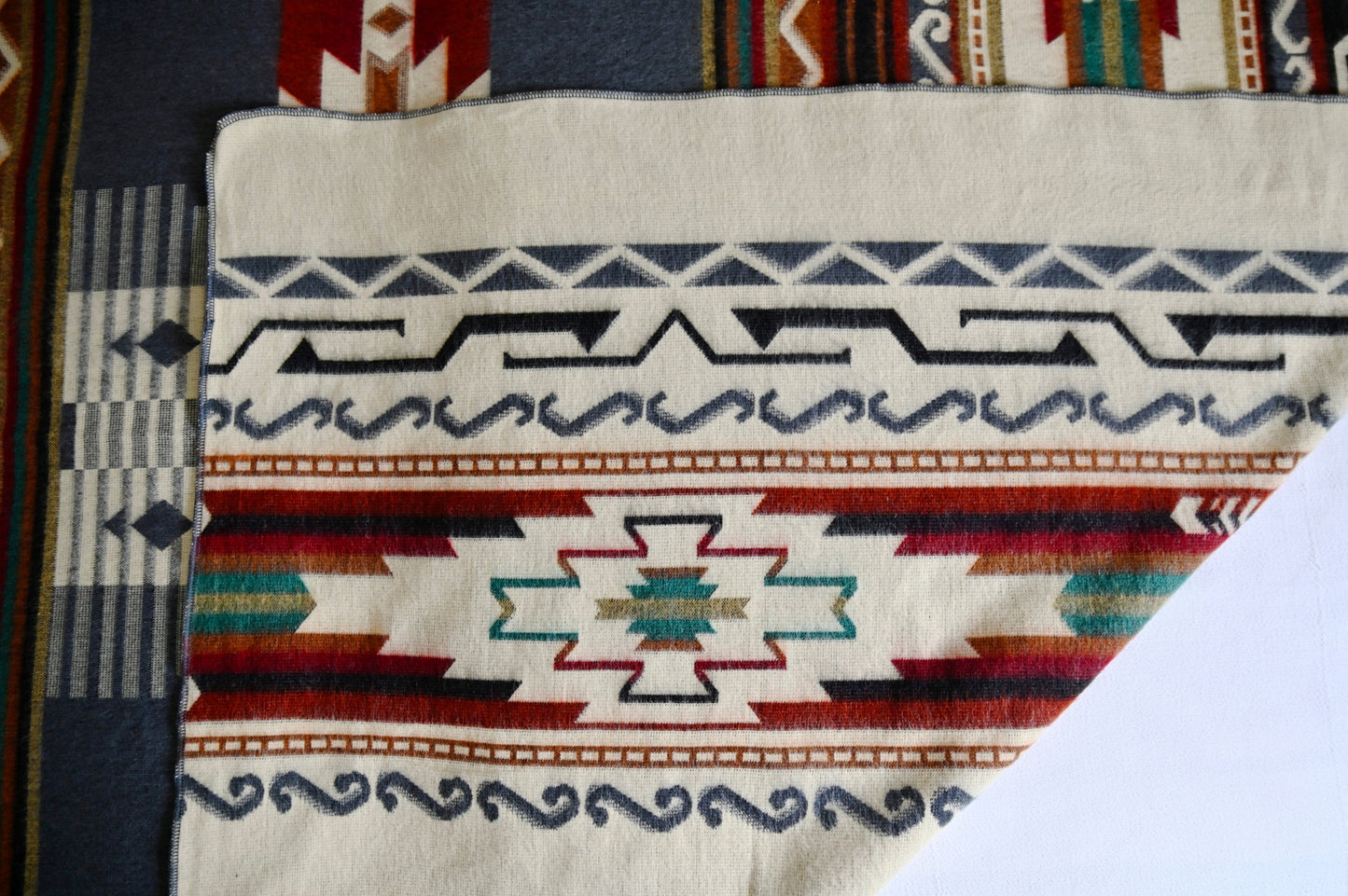 Close-up of a patterned alpaca blanket with geometric designs in red, blue, and white.