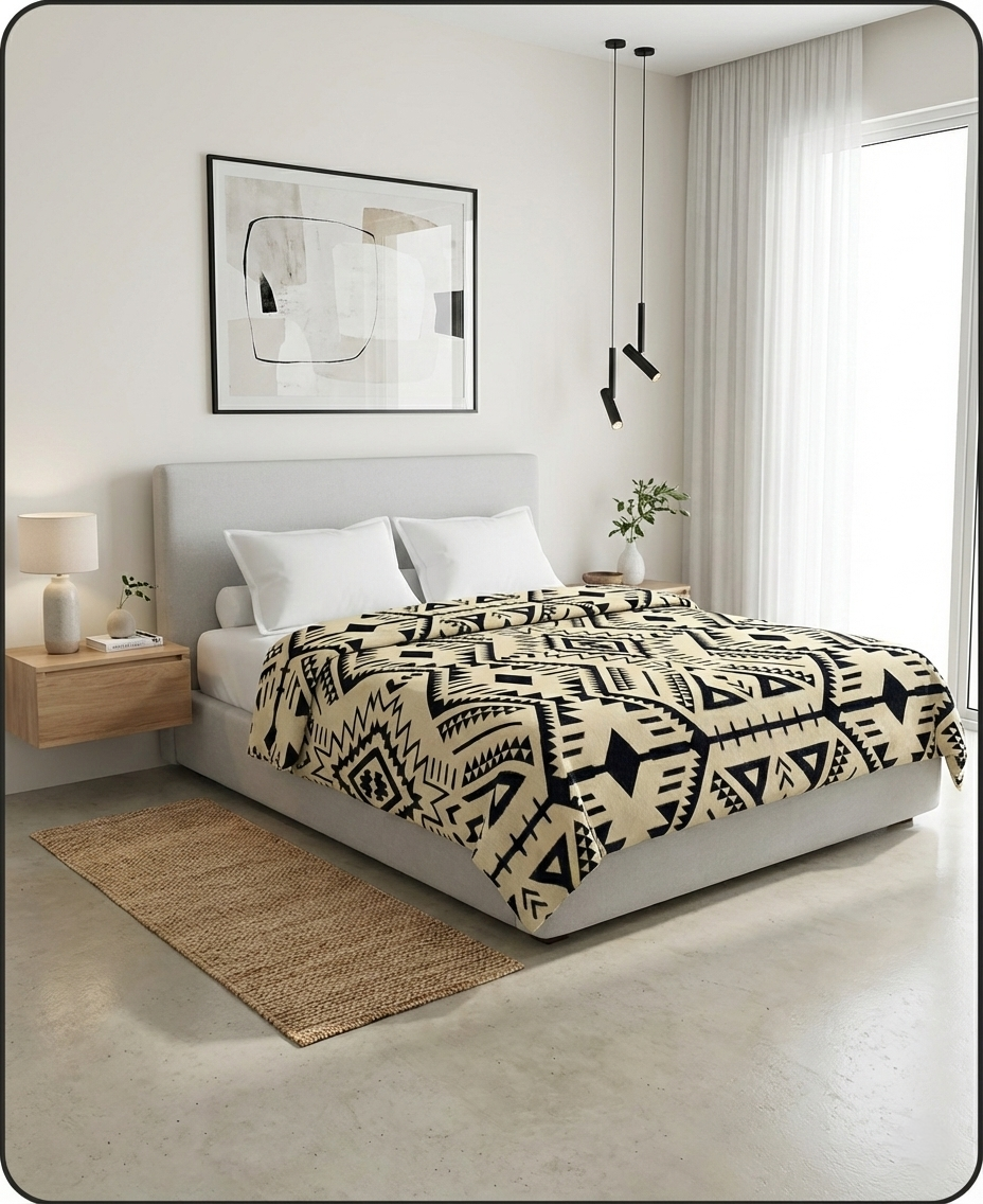 Modern bedroom with an black and white alpaca blanket