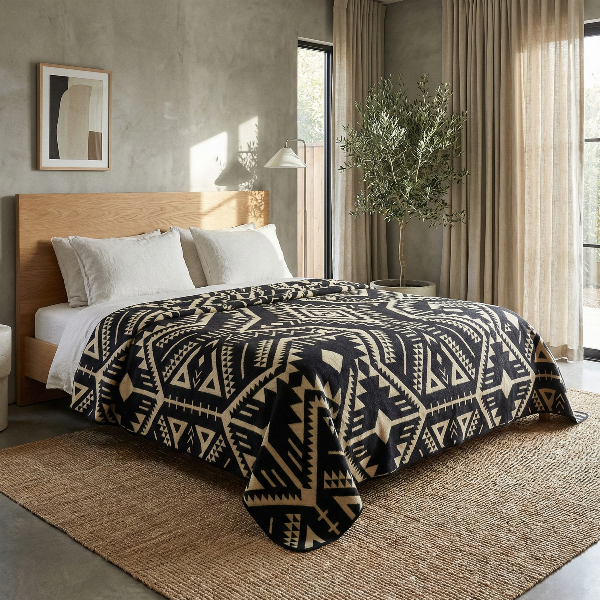 Bedroom with a bed featuring a black and white patterned alpaca blanket