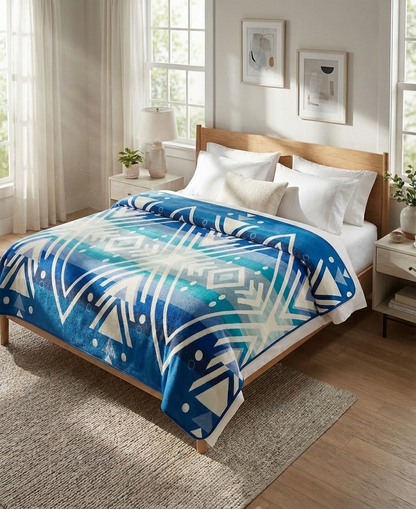 Bedroom with a bed featuring a blue and white patterned alpaca blanket.