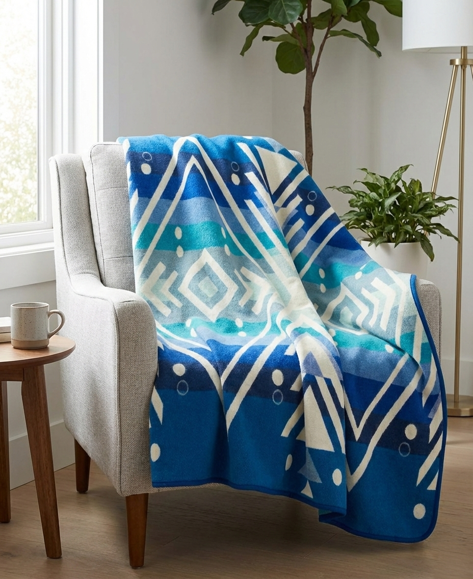 Blue patterned blanket draped over a chair in a room with plants and a lamp.