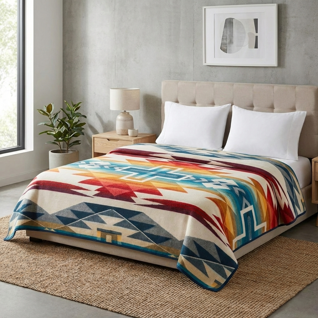 Bedroom with a bed featuring a colorful geometric alpaca blanket 