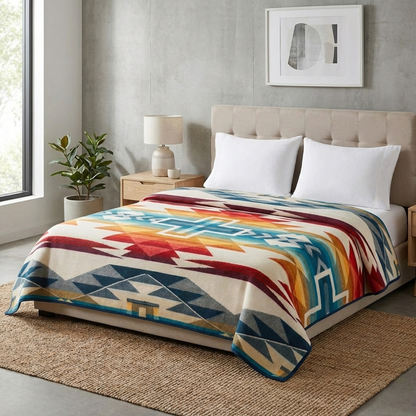 Bedroom with a bed featuring a colorful geometric alpaca blanket 