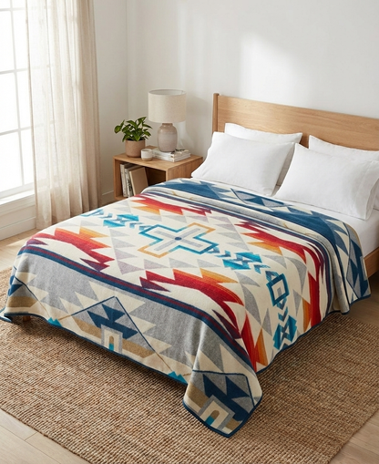 Bed with a colorful patterned comforter in a bright bedroom.
