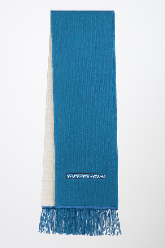 Ocean Blue–Ivory Alpaca Scarf with Embroidery