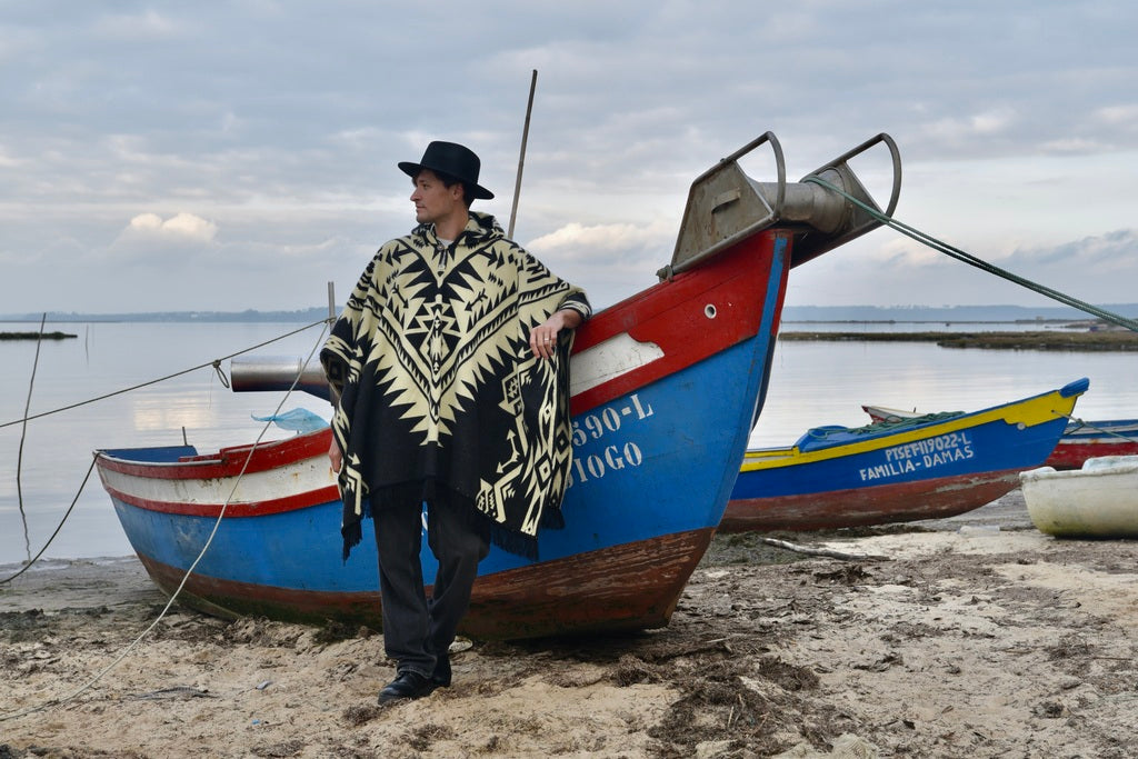 Black and Beige Alpaca Wool Poncho with Geometric Pattern - Laipaca: Handcrafted Alpaca Finery