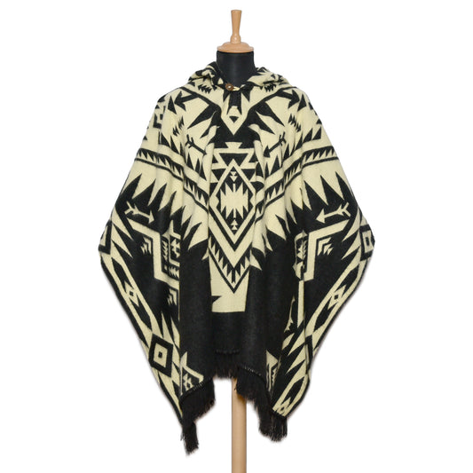 Black and Beige Alpaca Wool Poncho with Geometric Pattern - Laipaca: Handcrafted Alpaca Finery