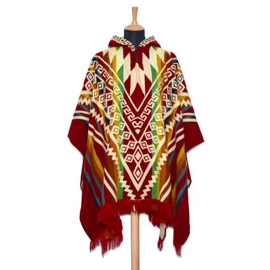 Red Alpaca Wool Poncho Hooded with Aztec Pattern - Laipaca: Handcrafted Alpaca Finery