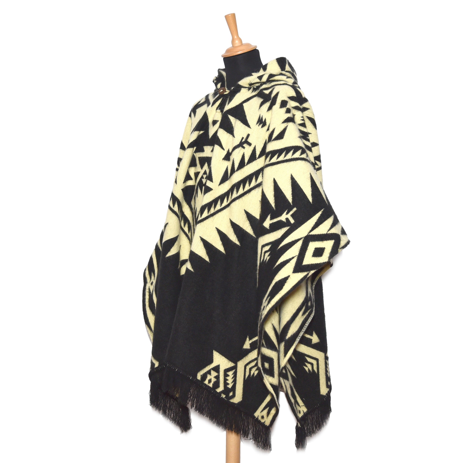 Black and Beige Alpaca Wool Poncho with Geometric Pattern - Laipaca: Handcrafted Alpaca Finery