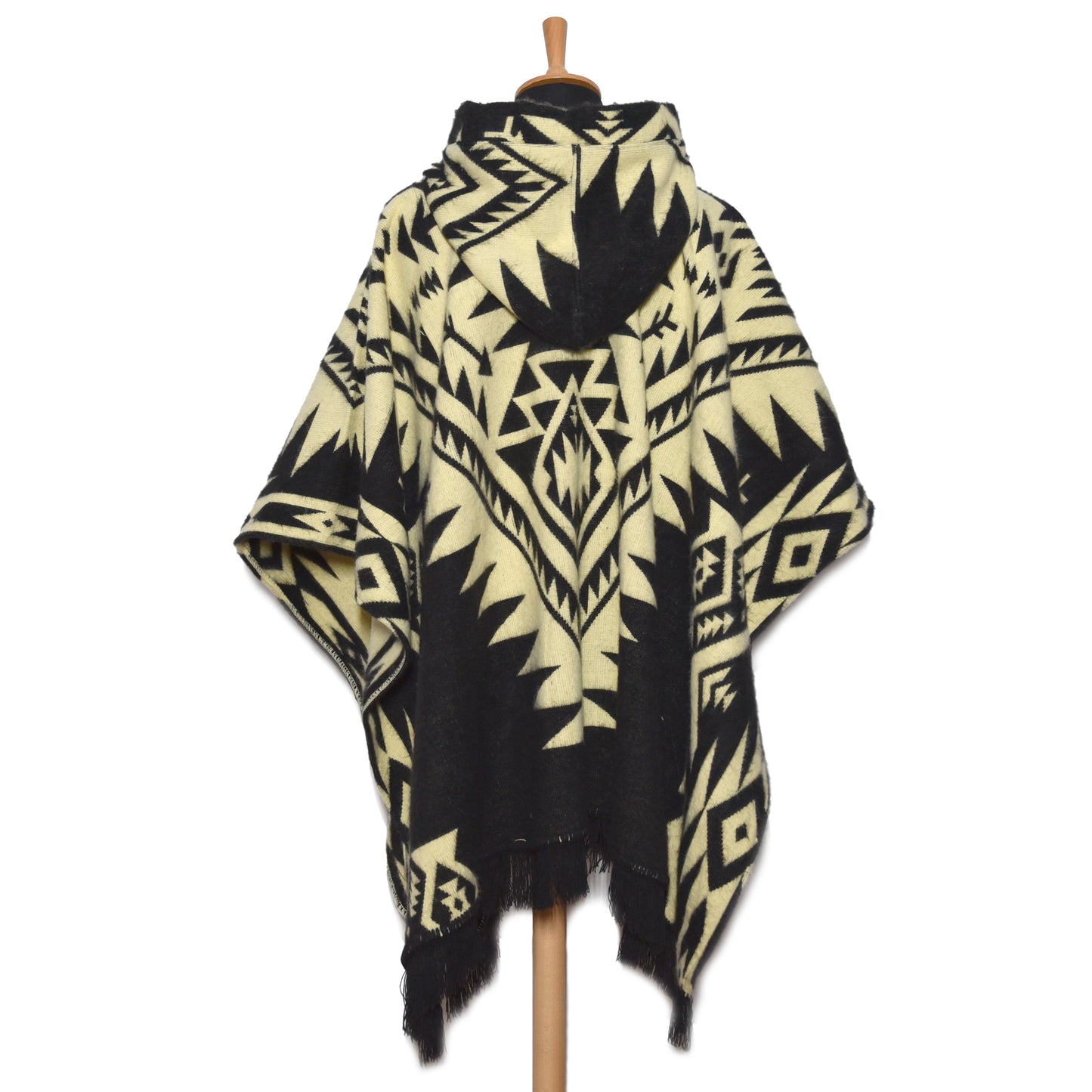 Black and Beige Alpaca Wool Poncho with Geometric Pattern - Laipaca: Handcrafted Alpaca Finery