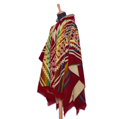 Red Alpaca Wool Poncho Hooded with Aztec Pattern - Laipaca: Handcrafted Alpaca Finery