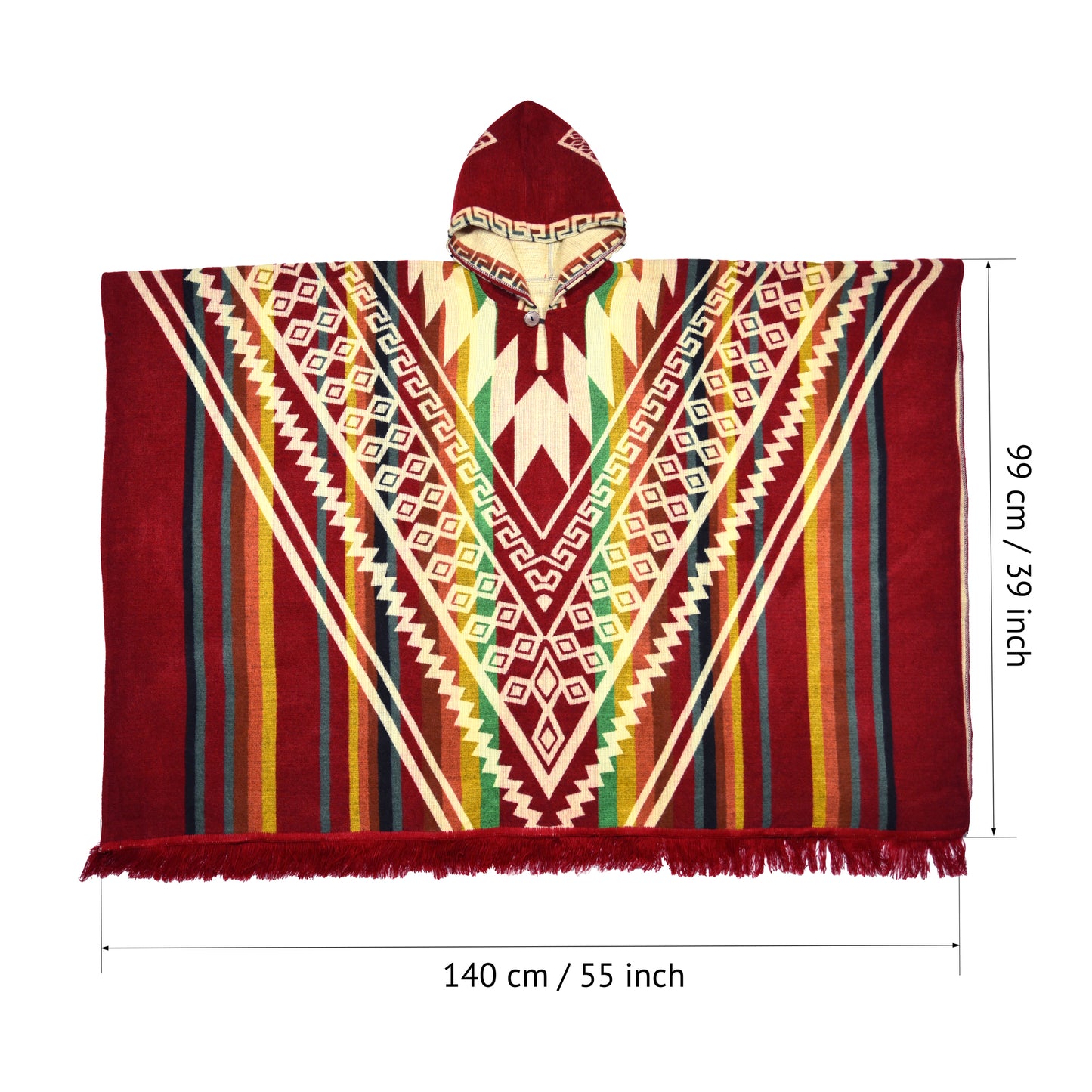 Red Alpaca Wool Poncho Hooded with Aztec Pattern - Laipaca: Handcrafted Alpaca Finery