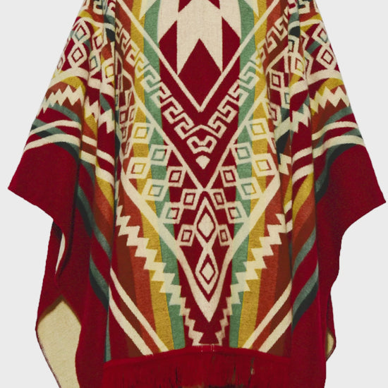 Red Alpaca Wool Poncho Hooded with Aztec Pattern - Laipaca: Handcrafted Alpaca Finery