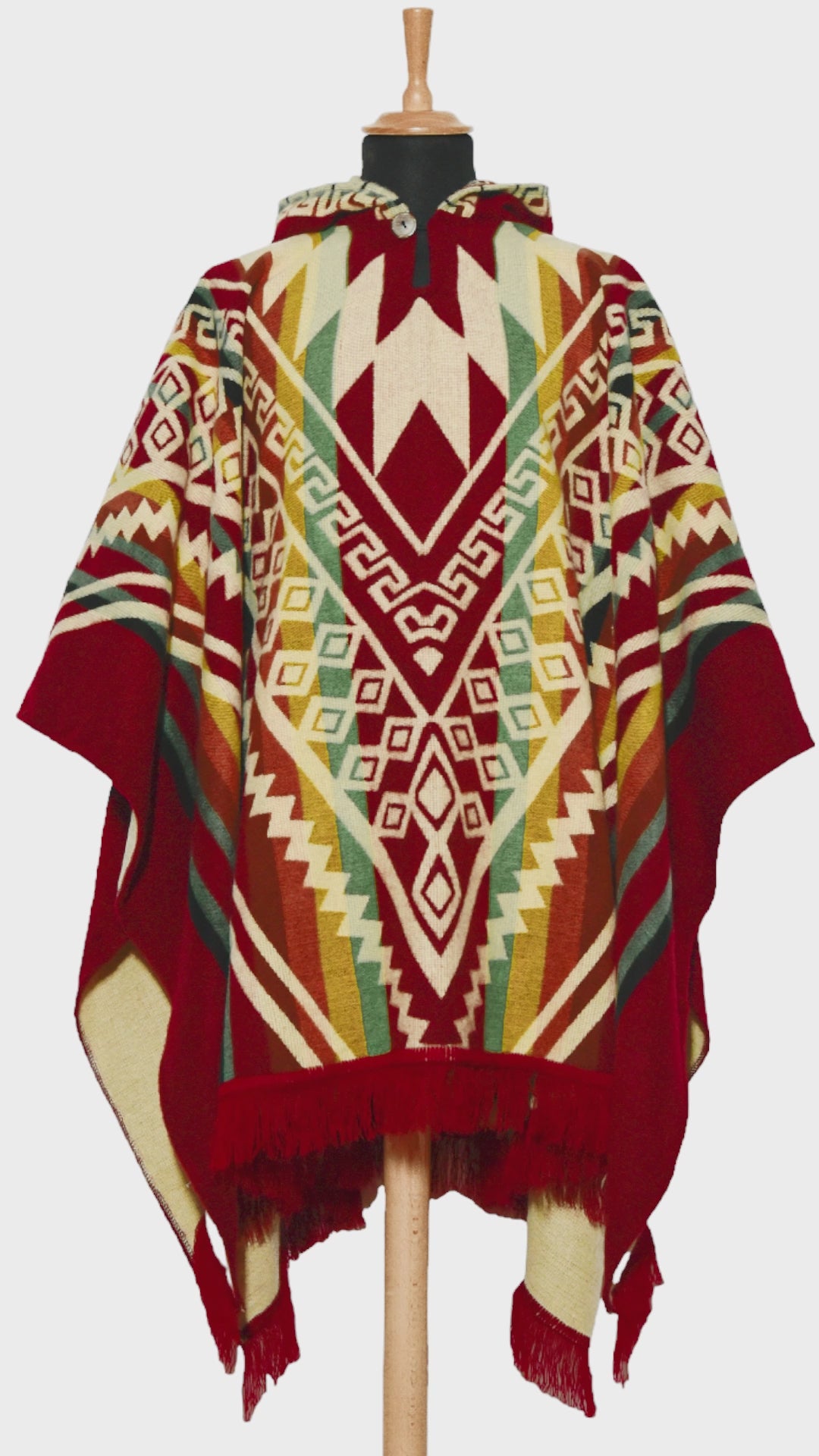 Red Alpaca Wool Poncho Hooded with Aztec Pattern - Laipaca: Handcrafted Alpaca Finery