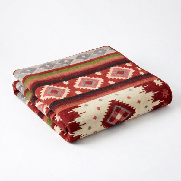 Extra Large Alpaca Wool Blend Blanket – 90x76, Red Geometric Pattern, California King