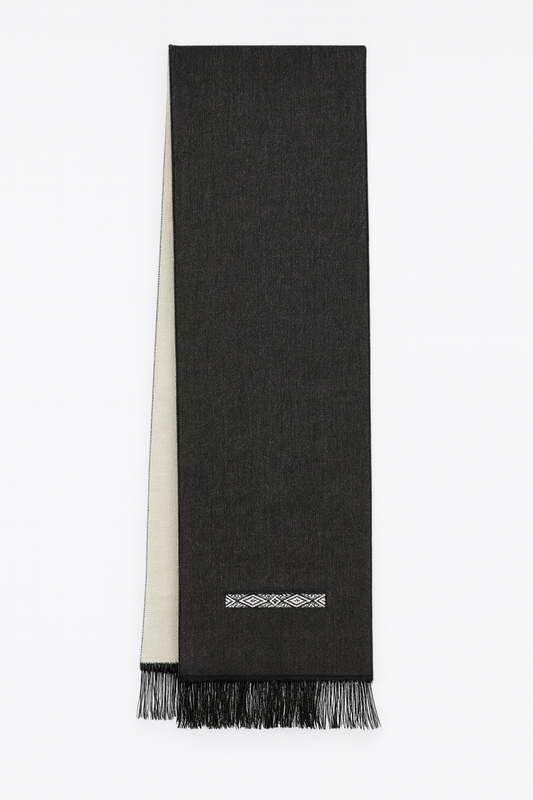 Charcoal-Ivory Reversible Alpaca Scarf with Embroidery